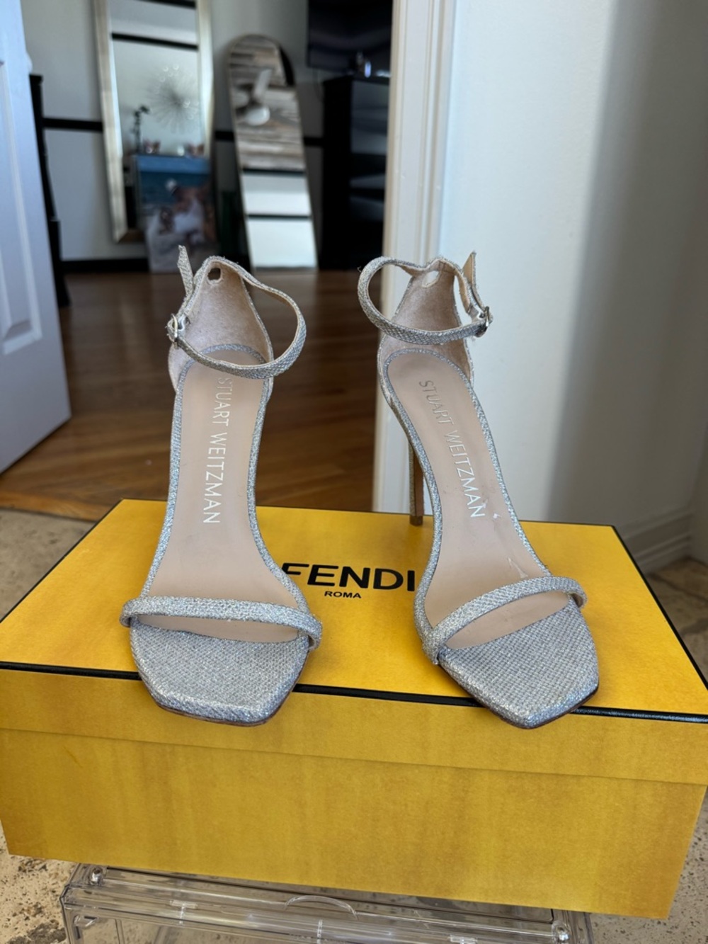 Stuart Weitzman Glittery Silver Ankle-Strap Heels